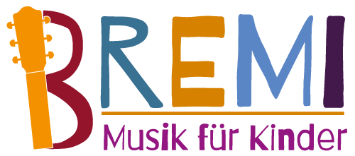 Logo Bremi - Musik für Kinder. Beinhaltet den Schriftzug 'Bremi' mit einem Gitarrenhals am Buchstaben 'B'.